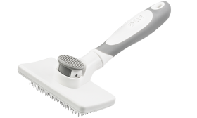 Samoczyszcząca szczotka do psów i kotów z chowanymi igłami, z mechanizmem przyciskowym do łatwego usuwania sierści.