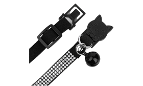 Luksusowa czarna obroża dla kota z kryształkami, regulowana, lekka, z klamrą w kształcie kota i czarnym dzwonkiem.