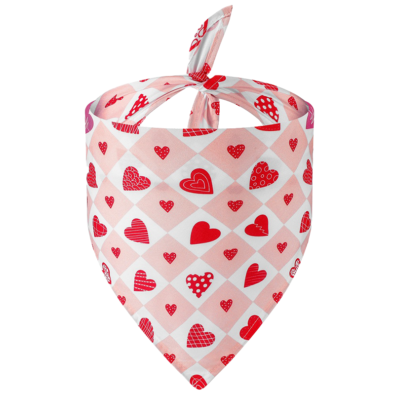 Bandana z Nadrukiem w Serca dla Psa Wydrukowana obroża dla psa z sercem, różowo-biała kratka z czerwonymi sercami, idealna na Walentynki.