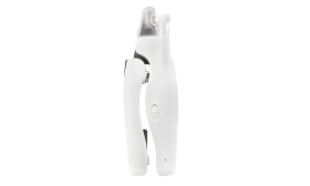 Białe obcinacze do paznokci dla psów z wbudowanym światłem, ergonomiczną rączką, osłoną i pilniczkiem.