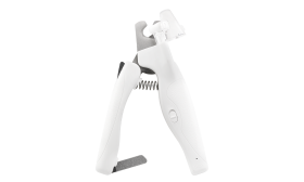 Białe obcinacze do paznokci dla psów z wbudowanym światłem, osłoną, ukrytym pilniczkiem i ergonomiczną rączką.