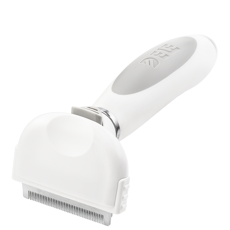 Szczotka do Rozczesywania Sierści Dla Psa i Kota Mała biała szczotka do linienia psa z drobnymi metalowymi zębami i ergonomiczną rączką, do usuwania luźnego sierści.