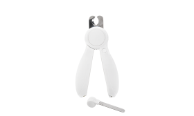 Białe obcinacze do paznokci dla psów z wbudowanym światłem, ukrytym pilniczkiem, bezpieczny i ergonomiczny design.