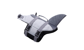 Kamizelka ratunkowa dla psa w kształcie rekina z bezpiecznymi paskami, regulowany design, odpowiednia dla różnych ras.