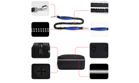 Niebieska smycz dla psa do biegania z odblaskowymi szwami, regulowany pas, kieszeń, rozciąga się od 27 do 48 cali.