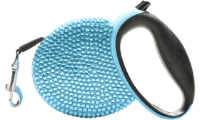 Niebieska luksusowa smycz automatyczna ozdobiona błyszczącymi niebieskimi cyrkoniami, z czarną rączką, do 3 metrów.