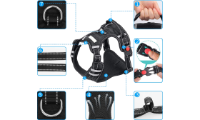 Szczegóły obroży bez ciągnięcia dla psa, mały rozmiar, pokazujące wytrzymałe klamry, odblaskowe szwy i oddychającą siateczkę.
