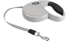 Szara zwijana smycz dla psa z ergonomiczną czarną rączką, miękki uchwyt, z komfortowym i miękkim uchwytem.