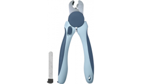 Niebieskie nożyczki do pazurów dla psa z ergonomicznymi uchwytami i osłoną, z metalowym pilniczkiem, dla psów i kotów.